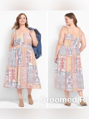 Lane Bryant Patchwork Sweetheart Neck Shoulder Tie Dress Size 16